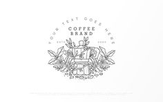 the coffee brand logo is drawn in black and white on a white background with leaves