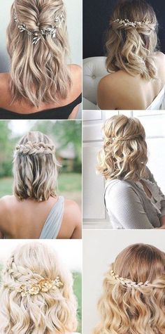 four pictures of different hairstyles and hair accessories for the bride to wear on her wedding day