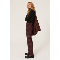 Ruby red plaid ponte (90% Polyester, 10% Spandex). Trousers. Front zipper fly with button closure. 40" from hip to hemline. Imported. Plaid Trousers, Black Checkered, Rent The Runway, Closet Designs, Gingham Check, Work Pants, Ruby Red, Red Plaid, Black Print