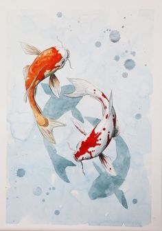 two orange and white koi fish swimming in blue water with bubbles on the surface