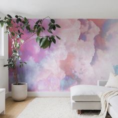 a living room with pink and blue paint on the wall, white furniture and rugs