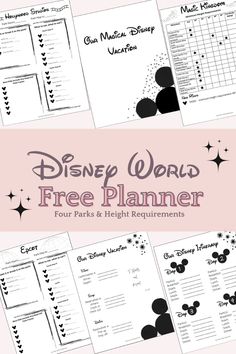 the disney world free planner is shown in black and white with mickey mouse silhouettes