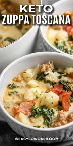 two white bowls filled with soup on top of a black table and the words keto zupa toscana above them