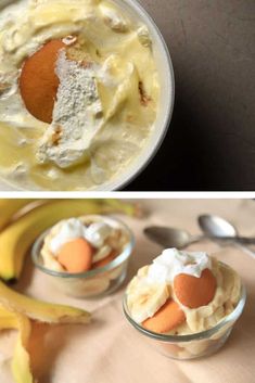 two pictures with bananas and dessert in them