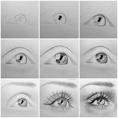 the steps to draw an eye with pencils on paper, and then in photoshopped