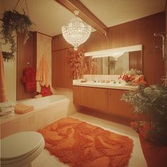 a bathroom with orange rugs and wooden cabinets