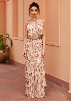 Chhavvi Aggarwal-Ivory Printed Pre-Draped Sari Set-INDIASPOPUP.COM Embroidered Belt, Drape Saree, Indian Embroidery, Traditional Attire, Blouse For Women, Woman Standing, Saree With Blouse, Printed Sarees, Sarong