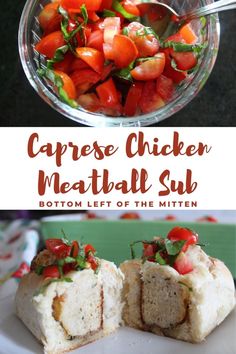 the caprese chicken meatball sub is cut in half and ready to be eaten