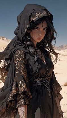 a woman in a black dress and headdress is walking through the sand dunes