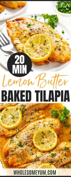 lemon butter baked tilapa on a white plate