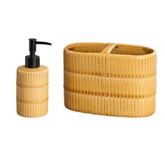 a soap dispenser and sponge holder made out of bamboo