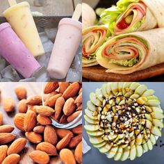 different foods are shown in pictures including bread, salads and fruit rolls with almonds on the side