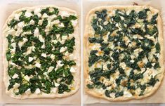 two pizzas with spinach and cheese on them, one is uncooked