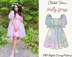 Puff Dress Pattern, Puff Sleeve Dress Pattern, Fashion Portfolio Ideas, Ren Faire Costumes, Ruffled Dress Pattern, Pattern Puff Sleeve, Sewing Dress Patterns, Selkie Dress, Cute Outfit Designs