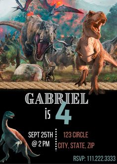 a dinosaur birthday party with dinosaurs in the background and text that says, gabriel is 4