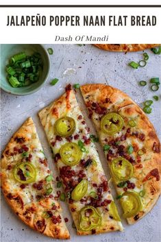 jalapeno popper naan flat bread is cut into slices and served with green onions