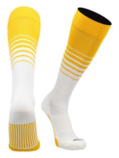 a pair of yellow and white soccer socks