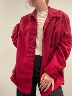 Vintage Red Overshirt  Tag reads size 22W/24W 100% Polyester  Model is a size Small Vintage items may contain minor flaws. Major flaws will be listed if present. Lighting and color of product may vary due to photo.  All Vintage items are FINAL SALE and do not offer the opportunity for a refund.  Thank you for shopping KicoVintage! Oversized Red Button-up Blouse, Oversized Red Long Sleeve Shirt, Red Oversized Long Sleeve Shirt, Oversized Red Shirt For Fall, Oversized Red Button-up Shirt, Red Oversized Buttoned Tops, Oversized Red Tops With Buttons, Red Relaxed Fit Top With Button Closure, Oversized Red Button-up Tops