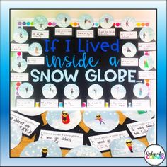 a bulletin board that has snow globes on it and words written in the middle