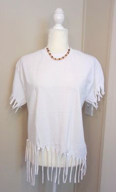 Women's Fringe Shirt Medium White  100% Cotton NEW-SHIP FROM USA Hippie Fringe Shirt, Trendy Short Sleeve T-shirt With Fringe, Summer Cotton T-shirt With Fringe, Casual Short Sleeve Fringe T-shirt, Summer Cotton Fringe T-shirt, Ripped Shirts, Fringe Shirt, Wood Bead Necklace, Pearl Strands