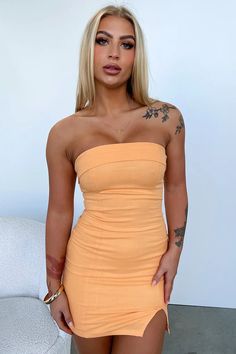 Charms Dress - Orange – Thats So Fetch US Orange Hoco Dress, Recruitment Dresses, Spring Break Dress, Tangerine Dress, Green Swimwear, Red Swimwear, White Swimwear, So Fetch, Strapless Bodycon Dress