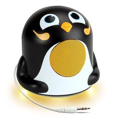 a black and white penguin speaker with yellow eyes