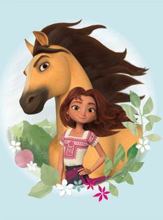 a cartoon horse with a girl standing next to it