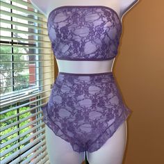 Lavender Lace Bandeau Set Panties Are High Waist If Curvy I Recommend Going Up 1 Or 2 Sizes Purple Bandeau Swimwear For Sunbathing, Cheap Stretch Purple Intimates, Purple Bandeau Swimwear, Purple Underwire Swimwear, Bra-friendly, Purple Stretch Swimwear, Bra Friendly, Lace Bandeau, Bandeaus, 1 Or 2, Women's Intimates