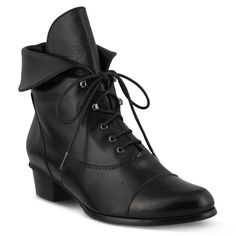 Spring Step Style: Galil Polished leather lace-up bootie detailed with a fold-over cuff and metal eyelets. Heel Height (approximately): 1 1/4" stacked Shaft Height (approximately): 6 1/2" Circumference (approximately): 10" Features: -Round toe, polished leather, durable waxed cotton laces, antique finished pewter eyelets, polished stacked heel. -Soft textile lining. -Synthetic leather padded insole. -Rubber outsole. -Imported. Womens Black Booties, Leather Lace Up Boots, Comfortable Boots, Lace Up Booties, Shoes Heels Pumps, Leather Boots Women, Black Leather Shoes, Soft Light, Black Ankle Boots