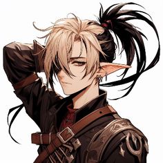 an anime character with long black hair and horns on his head, wearing a leather jacket