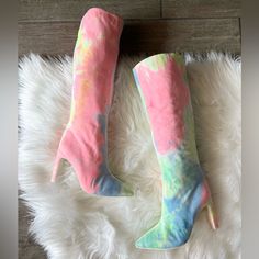 Jeffrey Campbell ‘Anaise’ Neon Tie Dye Knee High Boots Size- 6 Color- Neon Multi Material- Cloth Tie Dye Fabric New With Out Box 3.75” Heel Height 15.5” Shaft 15” Calf Circumference True To Size Comes From Smoke Free Home Same Day/Next Day Shipping Summer Heeled Boots With Round Toe, Multicolor Round Toe Heels For Winter, Pink Knee-high Heeled Boots For Winter, Pink High Heel Boots For Spring, Spring Pink Heeled Boots With Pointed Toe, Spring Pink Pointed Toe Heeled Boots, Pink High Heeled Boots For Spring, Casual Pink Heeled Boots For Spring, Pink High Ankle Summer Boots