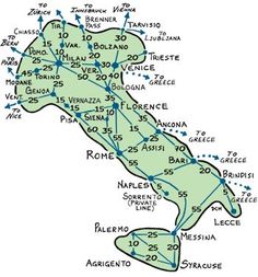 a map of italy showing the route from venice to pompeio, and its surrounding towns