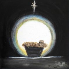 a painting of a manger scene with a star above it