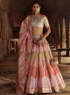 This set features a multicolored honeycomb pattern lehenga and dupatta with highlights of lampi. The lining is made of fine handmade lampi stripes pattern. The inner skirt has a can-can. Lampi text... Orang India, Gaun Fashion, Embroidered Lehenga, Indian Dress, Lehenga Designs, Indian Fashion Dresses, Indian Ethnic Wear, Indian Designer Wear, Lehenga Choli