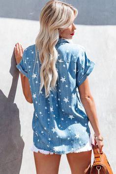 Sky Blue Star Print Chambray Short Sleeve Shirt Girls Denim Shirt, Chambray Shorts, Chambray Top, Festival Tops, Clothing Websites, Girls Denim, Distressed Denim Shorts, Star Girl, Blue Star