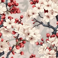 a floral wallpaper with red and white flowers