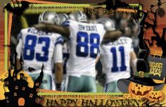 two football players standing next to each other in front of a halloween scene with pumpkins