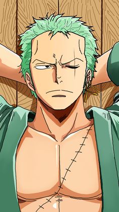 an anime character with green hair and no shirt on, holding his hands behind his head