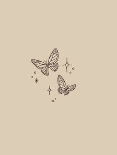 two butterflies flying in the air with stars around them on a beige background, black and white