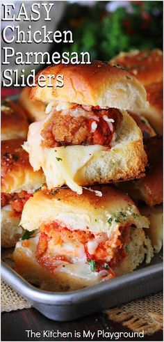 easy chicken parmesan sliders are stacked on top of each other