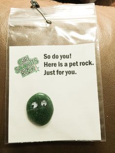 there is a green button on the back of a bag that says, so do you here is a pet rock just for you