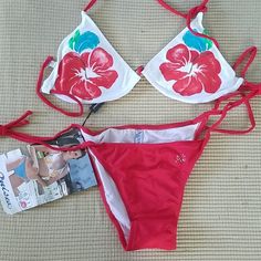 Isea Floral Top String Tie Bottom 2 Pc Swimsuit European Size 38/40 Us Size Medium Red Tropical Swimwear For Poolside, Red Tropical Halter Neck Swimwear, Red Swimwear For Beach Party Vacation, Red Swimwear For Pool Vacation, Red Beachwear Swimwear For Vacation, Red Beachwear For Vacation, Red Triangle Top Swimwear For Vacation, Red Hawaiian Swimwear For Poolside, Beachy Red Swimwear For Vacation