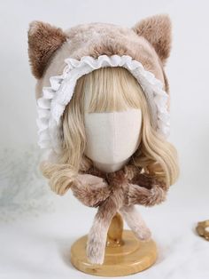 ❤Fur Laced Stra Ribbon Hat❤︎ Ponytail With Hat, Kawaii Hat, Double Ponytail, Snow Hat, Wolf Face, Mori Girl Fashion, Fur Accessories, Bear Hat