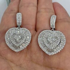 Elegant Dangling Heart Earrings White Gold.  Calling all heart lovers, these earrings are spectacular!  Excellent craftsmanship, the diamonds are very sparkling as you can see in the video.  All diamonds are set with minimal white gold showing, all you see are sparkling diamonds.  The small diamond hoops wrap around the lob beautifully and snaps tight for a secure fit; also easy to put on and take off.  You will love the sparkles of these gorgeous statement earrings, ones you will treasure for a Luxury Diamond Accent Heart Earrings For Wedding, Luxury Round Heart Earrings For Engagement, Luxury Silver Diamond Earrings For Valentine's Day, Luxury Diamond Cut Earrings For Valentine's Day, Luxury Diamond Heart Earrings For Formal Occasions, Luxury Brilliant Cut Heart Earrings For Engagement, Luxury Round Brilliant Cut Heart Earrings, Dangling Diamond Earrings, Heart Diamond Earrings