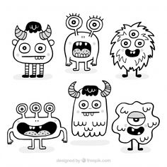 four cartoon monsters with big eyes and long legs, one is black and white the other has