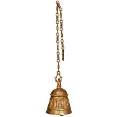 a bell hanging from a chain on a white background