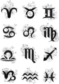 the zodiac signs and their meanings are drawn in black ink with white flowers on it