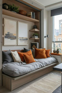 a living room filled with furniture next to a window covered in lots of windowsilling