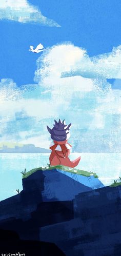 a cartoon character sitting on top of a hill