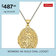 Features: Quick ShipJewelry Closure: Spring Ring ClaspLink Construction: SolidShape: OvalMetal Color: YellowChain Length: 18 InchChain Width: .5 MillimetersPendant Length: 28mmPendant Width: 21mmChain Construction: BoxCare: Wipe CleanMetal: 14k GoldNecklace Type: Locket NecklacesCountry of Origin: Imported Oval Locket Necklace, Locket Necklaces, Oval Locket, Locket Necklace, Spring Rings, Locket, Necklaces, Pendant Necklace, Ring